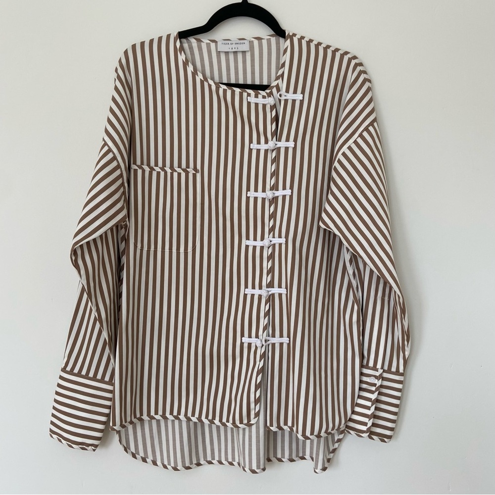 Tiger of Sweden Striped Rope Button Shirt in Gold Brown and White size Large